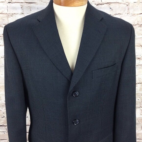 Haggar Sports Coat Mens 40 Short Houndstooth Wool Blend Single Breast Blue - Picture 1 of 9